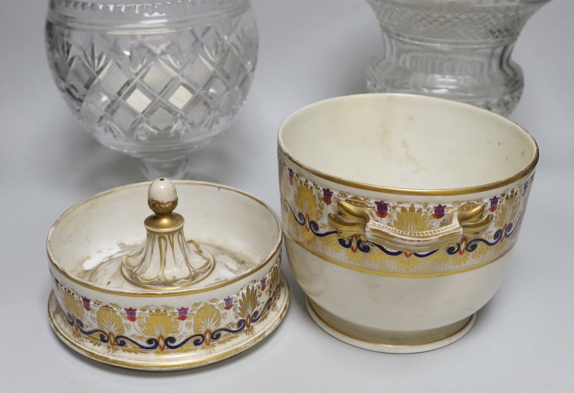 Two Victorian cut glass bowls and an ice pail
